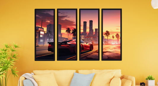 Sunset City - Red Sports Car - Set of 4 (Premium Acrylic Glass Wall Poster)