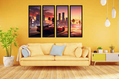 Sunset City - Red Sports Car - Set of 4 (Premium Acrylic Glass Wall Poster)