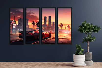 Sunset City - Red Sports Car - Set of 4 (Premium Acrylic Glass Wall Poster)