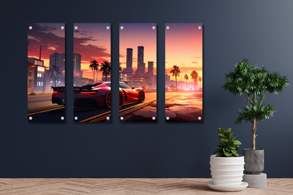 Sunset City - Red Sports Car - Set of 4 - Premium Split Wall Art Set of 4 - Each 7.5 x 24 inches Edgeless Frame