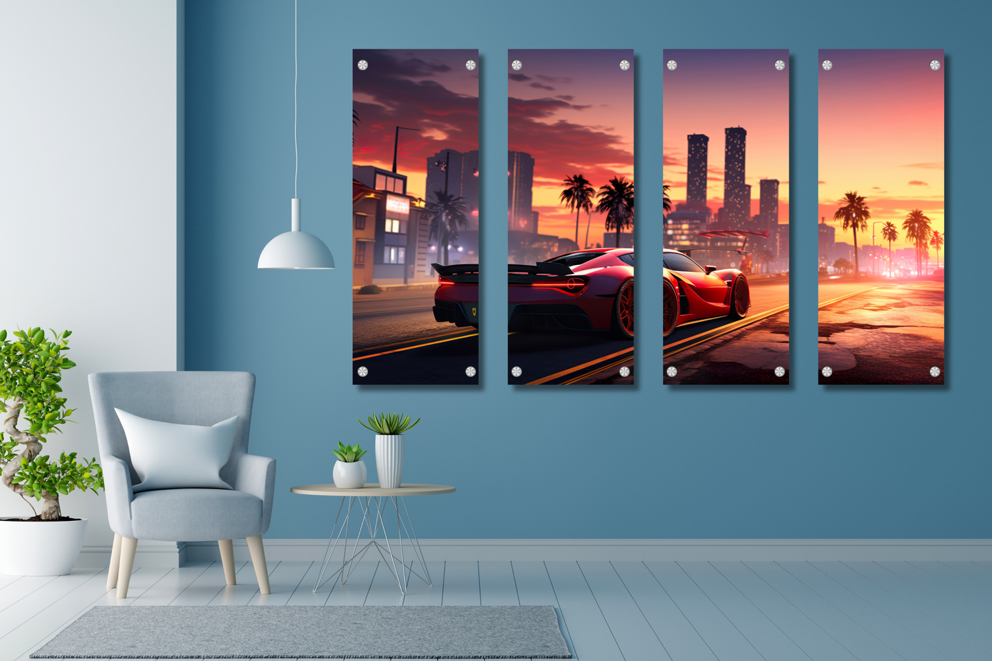 Sunset City - Red Sports Car - Set of 4 - Premium Split Wall Art