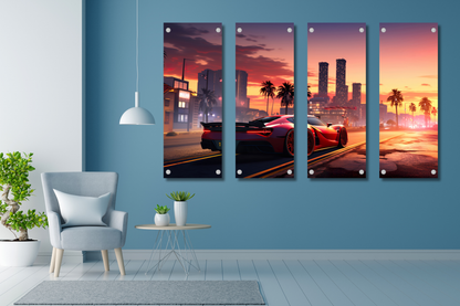 Sunset City - Red Sports Car - Set of 4 - Premium Split Wall Art