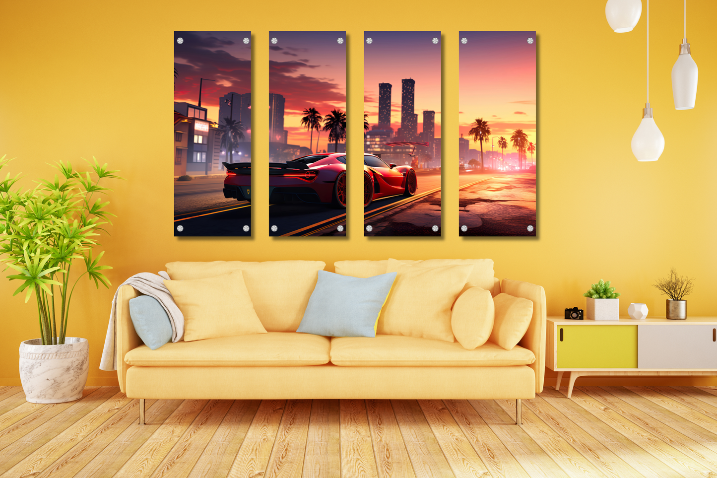 Sunset City - Red Sports Car - Set of 4 - Premium Split Wall Art