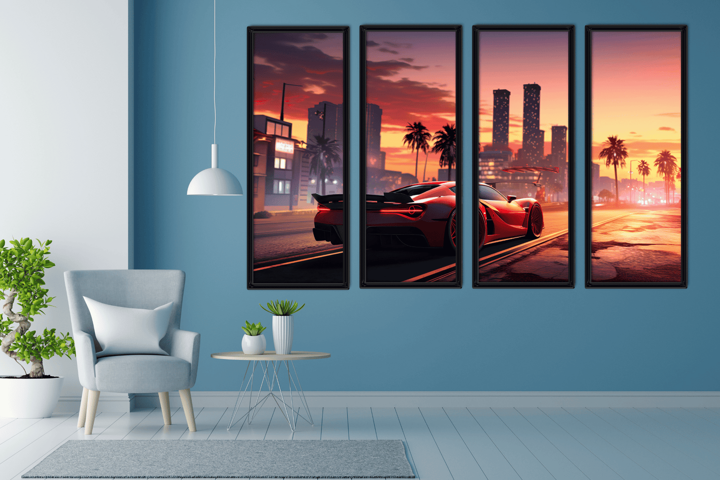 Sunset City - Red Sports Car - Set of 4 (Premium Acrylic Glass Wall Poster)