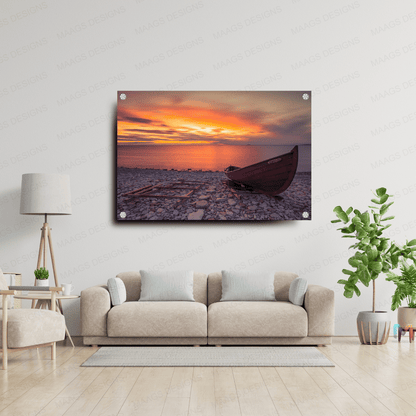 Boat in the Lake Shore - Nature (Premium Acrylic Glass Wall Poster) | Nature Wall Posters