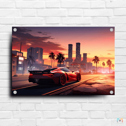 Sunset City - Red Sports Car (Premium Acrylic Glass Wall Poster)