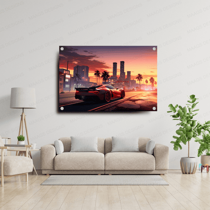 Sunset City - Red Sports Car (Premium Acrylic Glass Wall Poster)