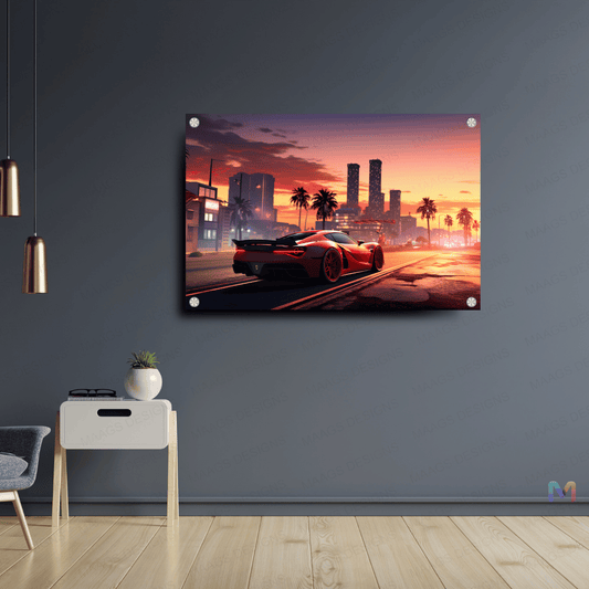 Maags Designs: Sunset City - Red Sports Car (Premium Acrylic Wall Poster)