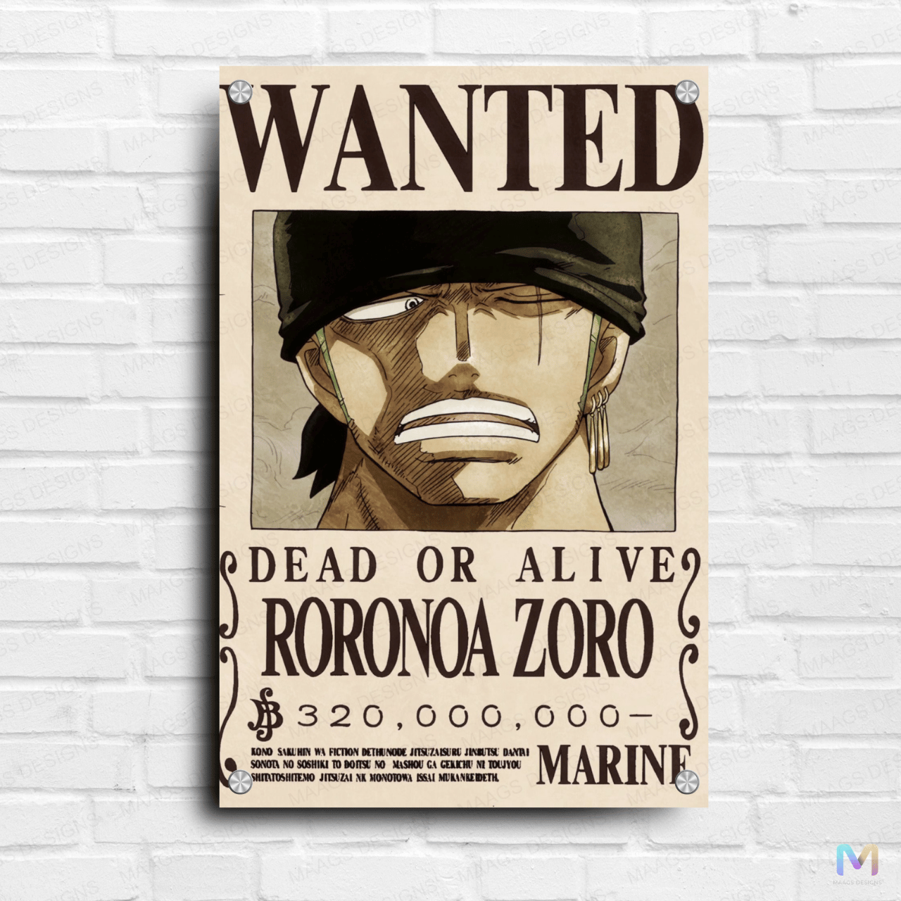 Maags Designs: Roronoa Zoro - One Piece - Bounty Poster (Premium Acrylic Wall Poster)