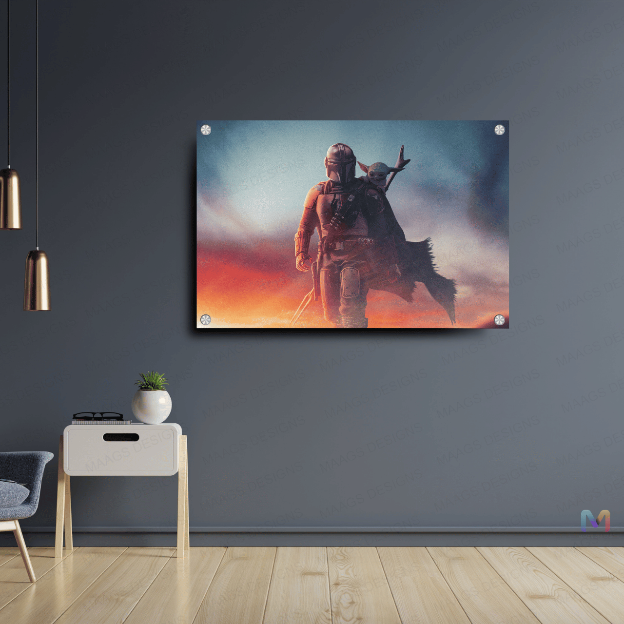 Mandalorian - Grogu Walk in the Sand - Star Wars (Premium Acrylic Glass Wall Poster)