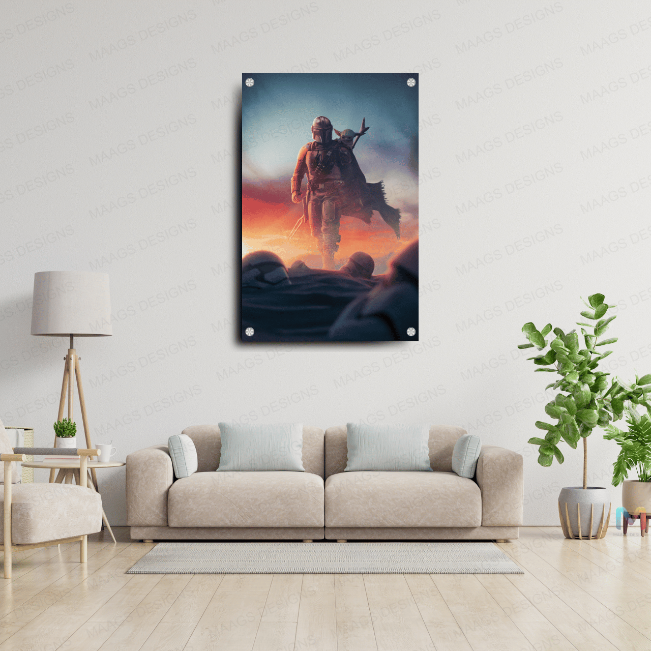 Mandalorian - Grogu Walk in the Sand - Star Wars (Premium Acrylic Glass Wall Poster)