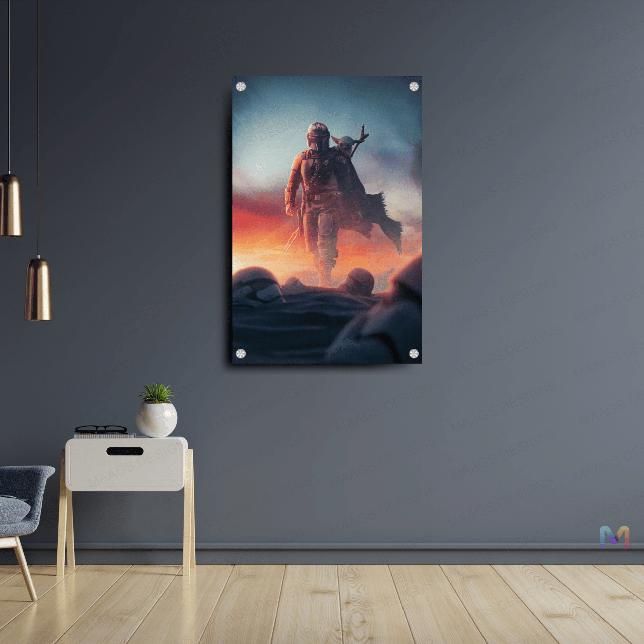 Mandalorian - Grogu Walk in the Sand - Star Wars (Premium Acrylic Glass Wall Poster)