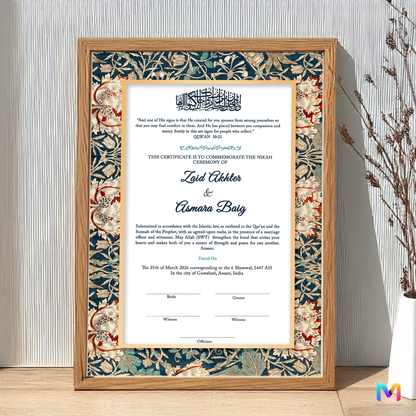 Nikahnama - Floral Morris Nikahnama with Frame, Nikah Frames 12 x 18 inches Premium Natural Wood Frame