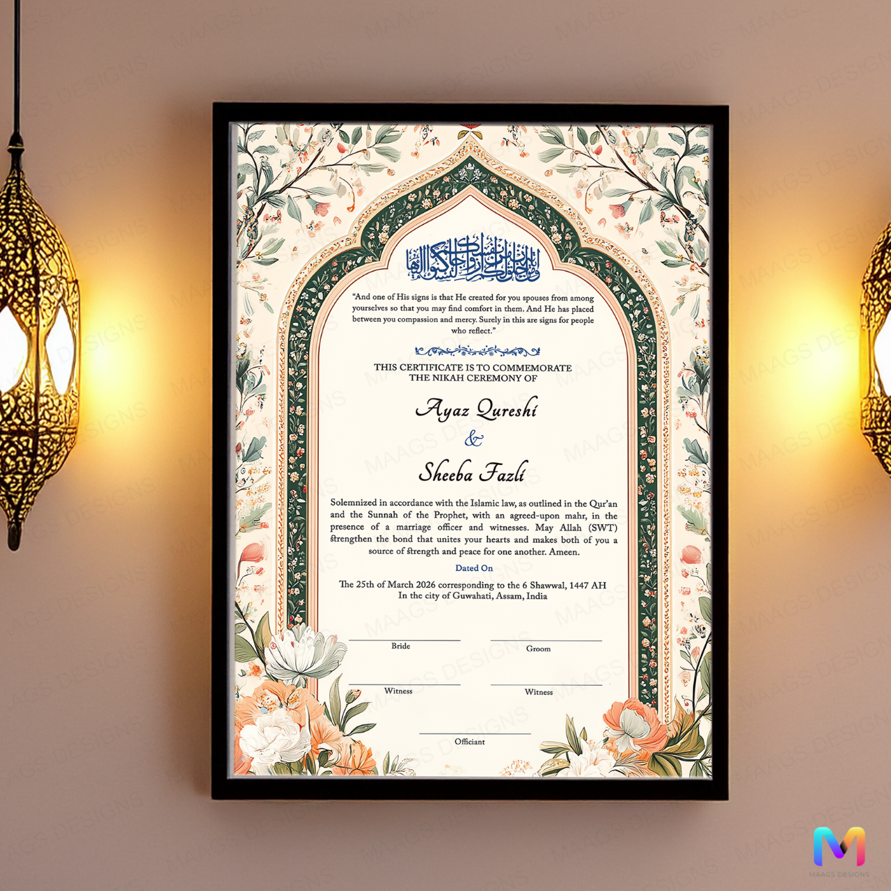 Nikahnama - Mughal Peacock Nikahnama with Frame, Nikah Frames 12 x 18 inches Black Synthetic Wood Frame