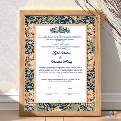 Nikahnama - Floral Morris Nikahnama with Frame, Nikah Frames