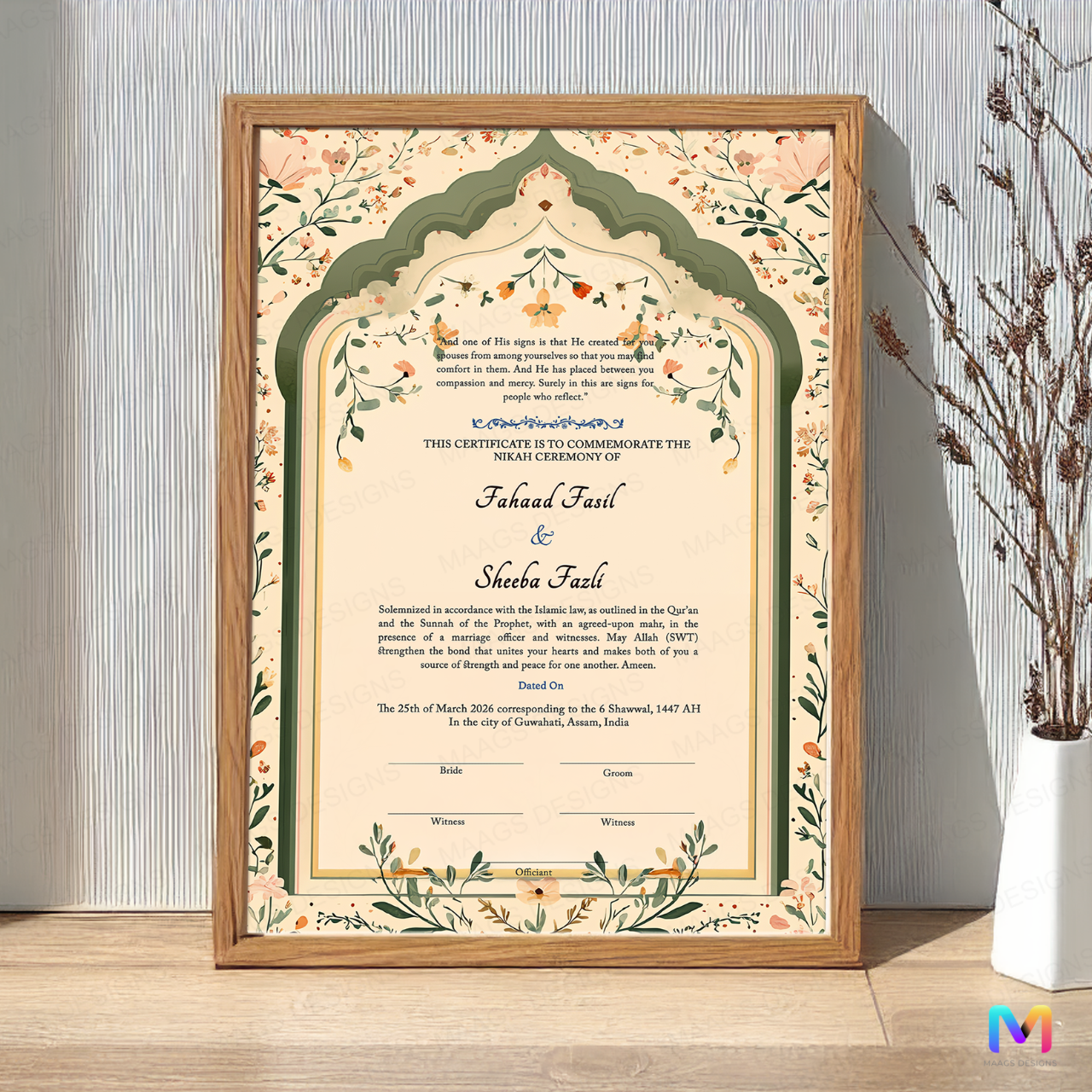 Nikahnama - Meher Garden Nikahnama with Frame, Nikah Frame 12 x 18 inches Premium Natural Wood Frame