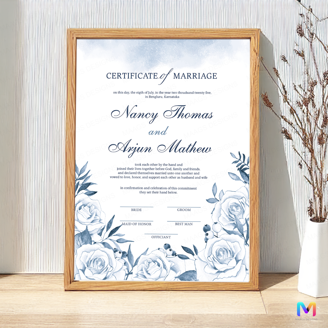 Aqua Floral - Wedding Keepsake Frames, Wedding Memorabilia, Wedding Wall Frames Premium Natural Wood Frame