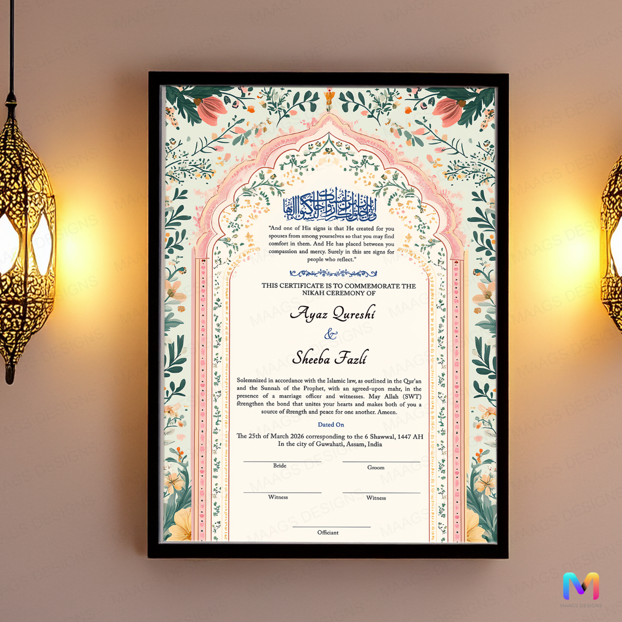 Nikahnama - Blue Fragrance Nikahnama with Frame, Nikah Frames 12 x 18 inches Black Synthetic Wood Frame