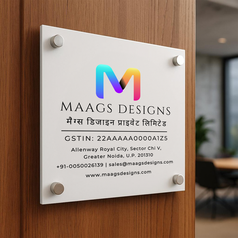 Office Logo Name Plate for Office, Restaurant and Shops (Acrylic), GST Name Plate in Acrylic Acrylic: Glossy White UV Printing