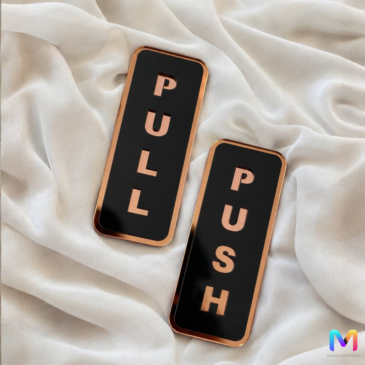 Push Pull Signs in Acrylic 3 x 6 inches Acrylic: Copper Gold in Black